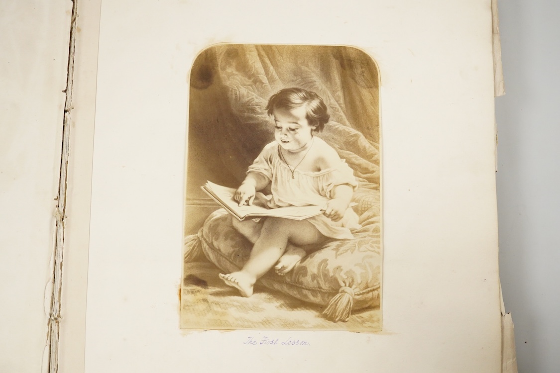 A 19th century album containing watercolours, including Anglo-Indian themes, local scenes, etc., together with engravings, photographs, cuttings, sketches, and other Victorian scrapbook items